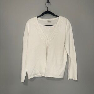 Koret Womens White Sequin Floral Embroidered Twin Set Cardigan Shell Size L